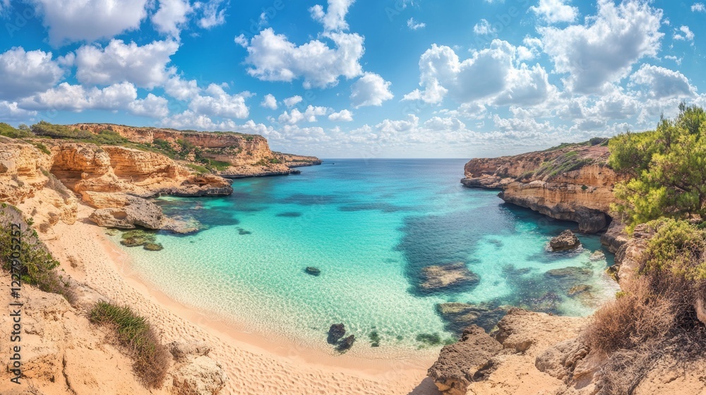 Realistic sea or ocean beach background with sand, water and clouds on sky. Panoramic vector illustration of horizon and shore with sandy texture. Tropical landscape with coastline for summer vacation Realistic sea or ocean beach background with sand, water and clouds on sky. Panoramic vector illustration of horizon and shore with sandy texture. Tropical landscape with coastline for summer vacation