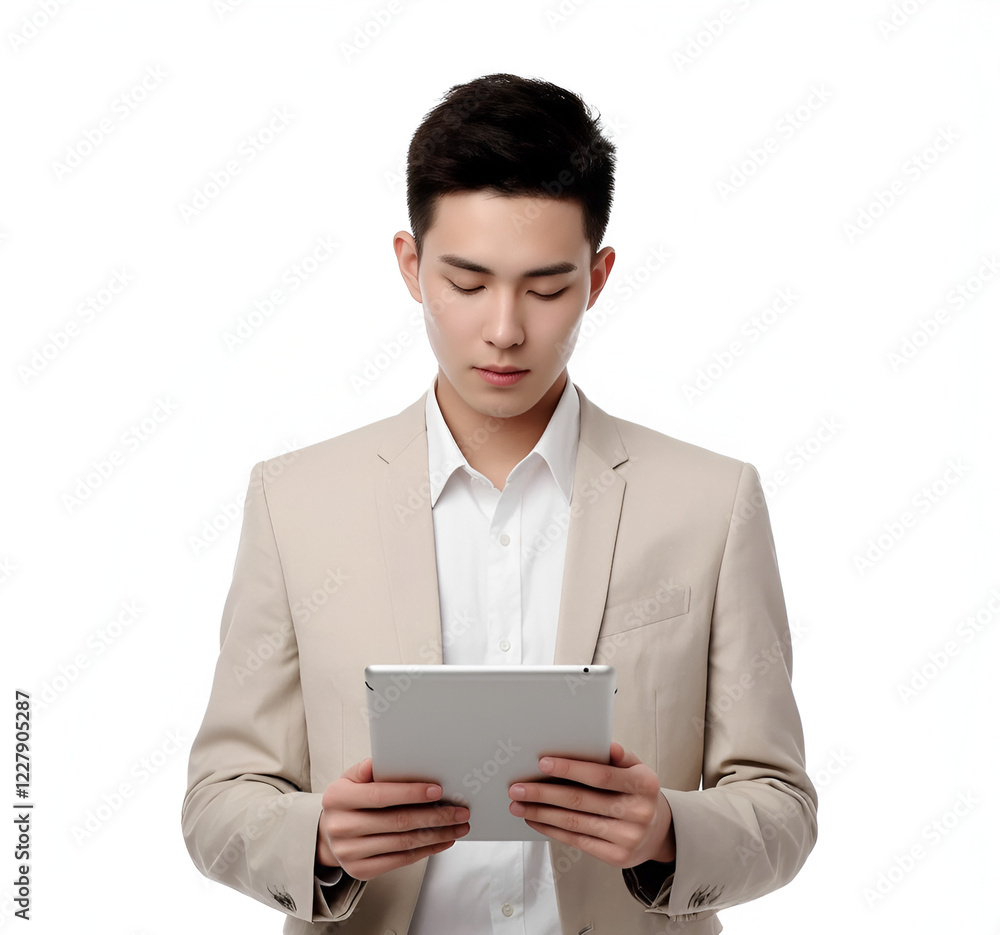 Young Asian man, professional attire, beige suit jacket, white shirt, focused expression, holding tablet device, reading digital screen, neutral background, business environment, modern technology, co Young Asian man, professional attire, beige suit jacket, white shirt, focused expression, holding tablet device, reading digital screen, neutral background, business environment, modern technology, co