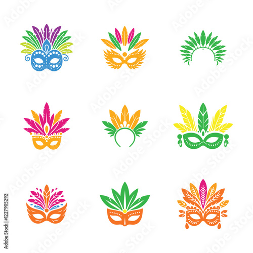 set of bundle brazilian carnaval with feather.  Festive confetti, masks, latin dancers, feathers and maracas.  Entertainment event of Rio carnaval.