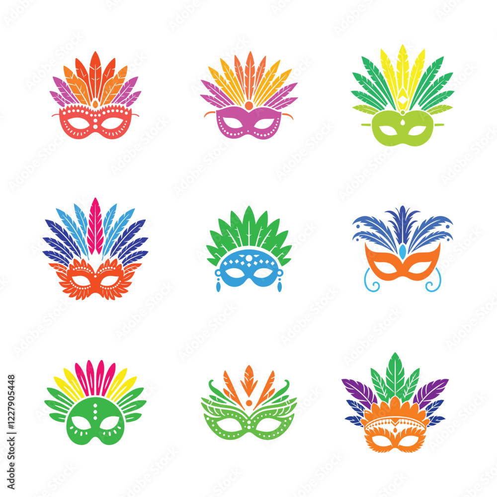 Fototapeta premium set of bundle brazilian carnaval with feather. Festive confetti, masks, latin dancers, feathers and maracas. Entertainment event of Rio carnaval.