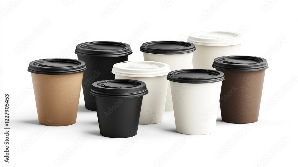 Paper coffee to go cup with plastic cap and shadow on transparent background. Realistic 3d vector illustration set of white, black and brown takeaway mug mockup for hot drink. Disposable container. Paper coffee to go cup with plastic cap and shadow on transparent background. Realistic 3d vector illustration set of white, black and brown takeaway mug mockup for hot drink. Disposable container.