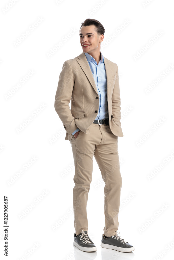 relaxed smart casual man smiling and looking to side relaxed smart casual man smiling and looking to side