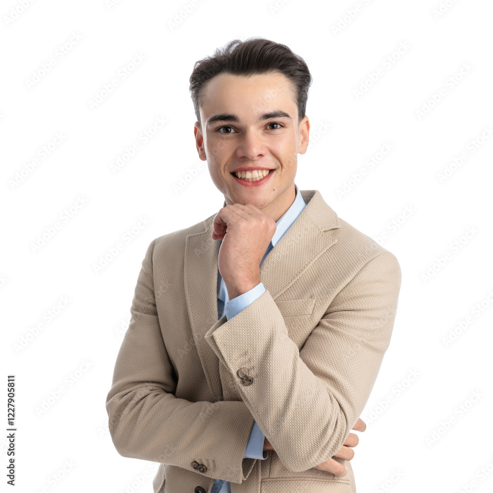young male model in beige suit touching chin and smiling young male model in beige suit touching chin and smiling