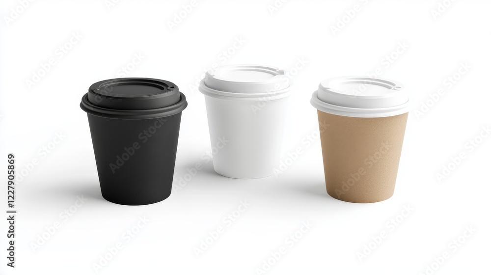 Paper coffee to go cup with plastic cap and shadow on transparent background. Realistic 3d vector illustration set of white, black and brown takeaway mug mockup for hot drink. Disposable container. Paper coffee to go cup with plastic cap and shadow on transparent background. Realistic 3d vector illustration set of white, black and brown takeaway mug mockup for hot drink. Disposable container.