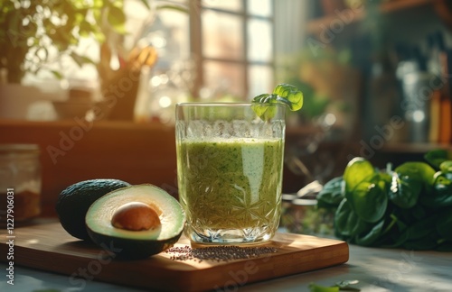 Green smoothie with avocado, spinach, chia seeds on a wooden kitchen board photo