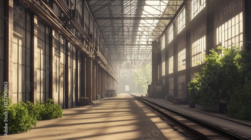 Sunlit industrial building interior with railway tracks and greenery.