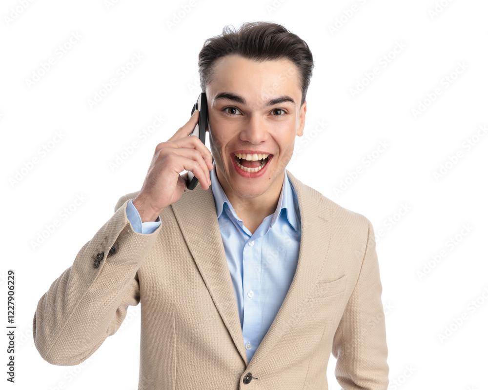 portrait of excited smart casual man speaking on mobile portrait of excited smart casual man speaking on mobile