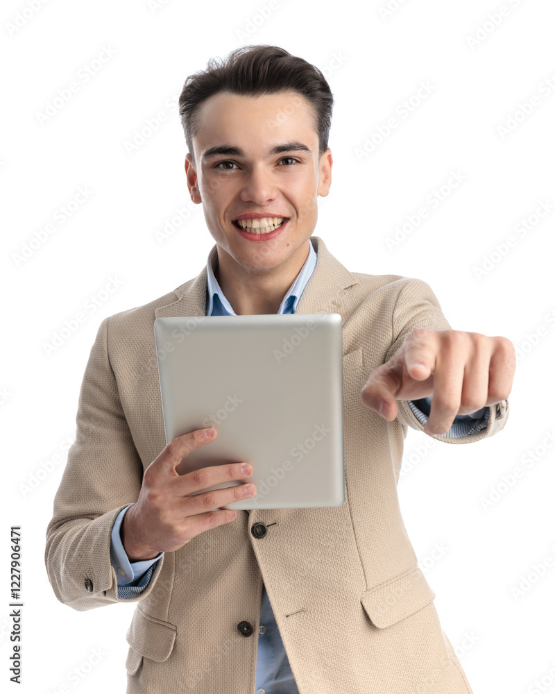 portrait of smart casual man holding pad and pointing finger portrait of smart casual man holding pad and pointing finger