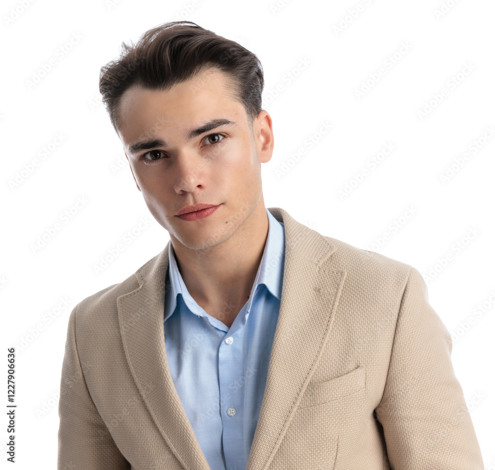 portrait of handsome young man wearing beige suit and shirt portrait of handsome young man wearing beige suit and shirt