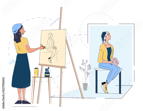 Female artist sketches a seated model holding flowers, with an easel and art supplies. Minimalist vector design on a light background. Creativity concept. Vector illustration.