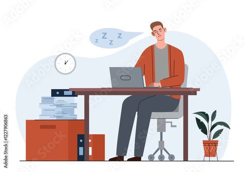 Illustration of a tired man sleeping at his desk with a laptop, clock, and files. Minimalist style on a white background. Concept of workplace exhaustion. Vector illustration