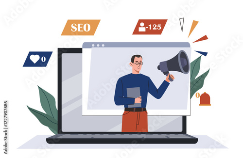 A man holding a megaphone emerges from a laptop screen, surrounded by SEO, notification, and follower icons. Vector illustration on a white background
