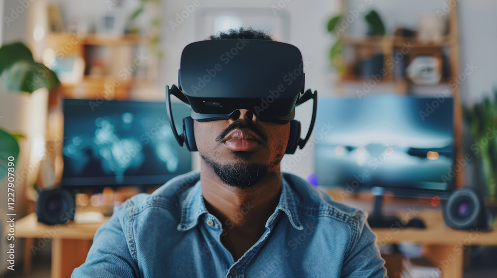 A man wearing a VR headset. A man wearing a VR headset.
