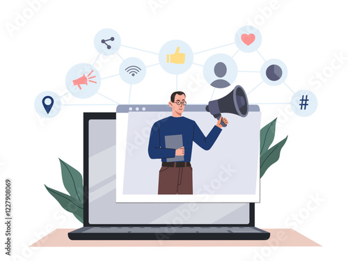 A man holding a megaphone emerges from a laptop screen, surrounded by SEO, notification, and follower icons. Vector illustration on a white background