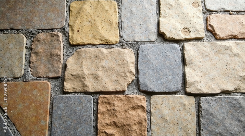 A textured arrangement of multicolored stone blocks, meticulously set in gray mortar, creates a visually appealing pavement design. A textured arrangement of multicolored stone blocks, meticulously set in gray mortar, creates a visually appealing pavement design.