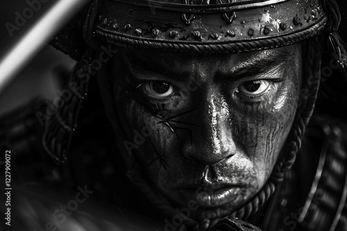 Generative AI Image of a Traditional Samurai Warrior with Intense Expression in Historical Armor and Face Paint photo