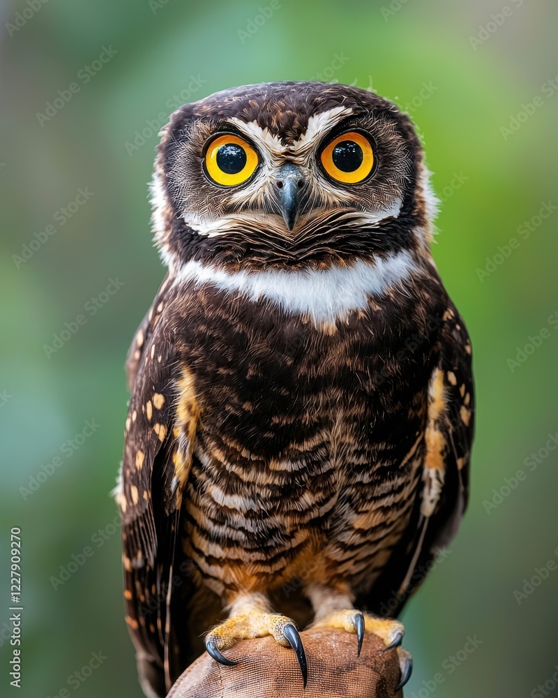 Fototapeta premium Close Up of a Rescued Owl with Bright Yellow Eyes