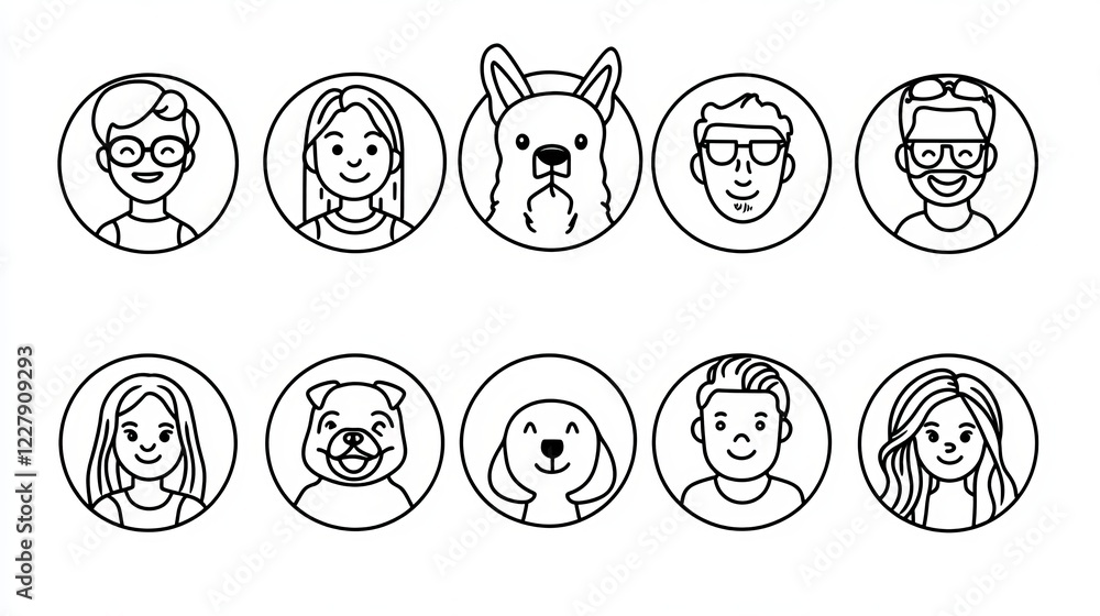 Set of people and pets avatars isolated round icons. Diverse male and female characters with different appearance and ethnicity. Men, women, girls, boys, dog portraits, Line art vector illustration Set of people and pets avatars isolated round icons. Diverse male and female characters with different appearance and ethnicity. Men, women, girls, boys, dog portraits, Line art vector illustration