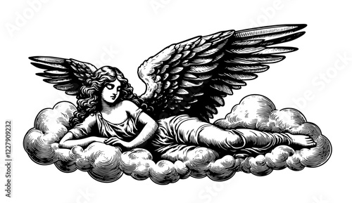 reclining angel on clouds ink vector sketch
