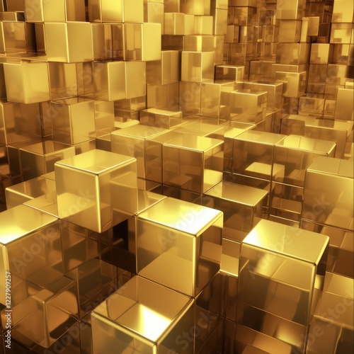 Golden Geometric 3D Blocks Background - Abstract Design with Cubes and Boxes in Shimmering Gold photo