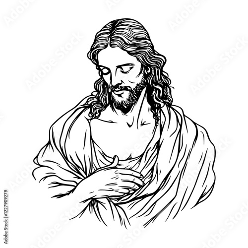 Jesus Christ with hand on chest engraving and laser cutting vector illustration
