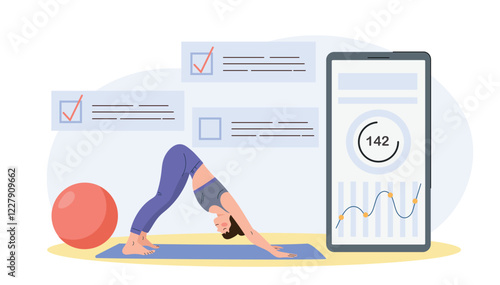 Woman performing yoga on a mat near a fitness ball, surrounded by health tracking elements and a smartphone interface displaying workout stats. Flat cartoon vector illustration