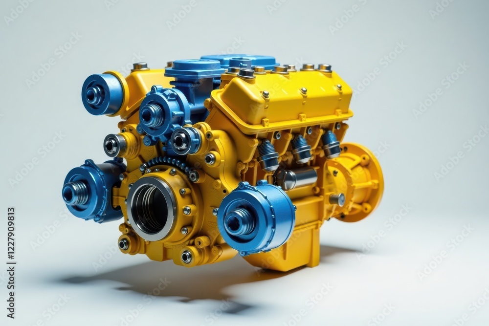 A Detailed Closeup of a Vibrant Yellow and Blue Internal Combustion Engine, Showcasing Intricate Mechanical Components and Precise Engineering A Detailed Closeup of a Vibrant Yellow and Blue Internal Combustion Engine, Showcasing Intricate Mechanical Components and Precise Engineering