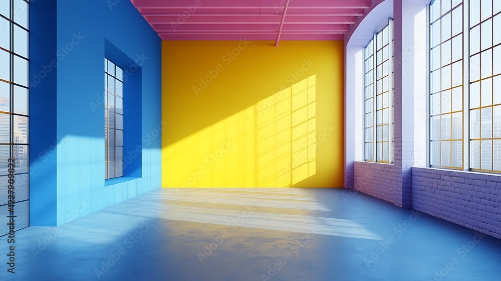 Colorful room with large windows and bright walls Colorful room with large windows and bright walls