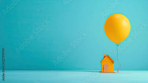small home modal with balloons on top of ceiling, Mortgage loading and property document concept for real estate ,  Saving money for buy a new house or loan for plan business investment of real estate