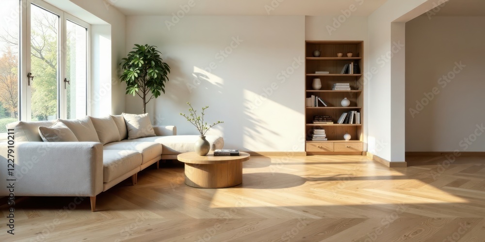 Fototapeta premium Sunlight streams into a minimalist living room featuring a light beige sectional sofa, a low wooden coffee table, and a light wood bookcase