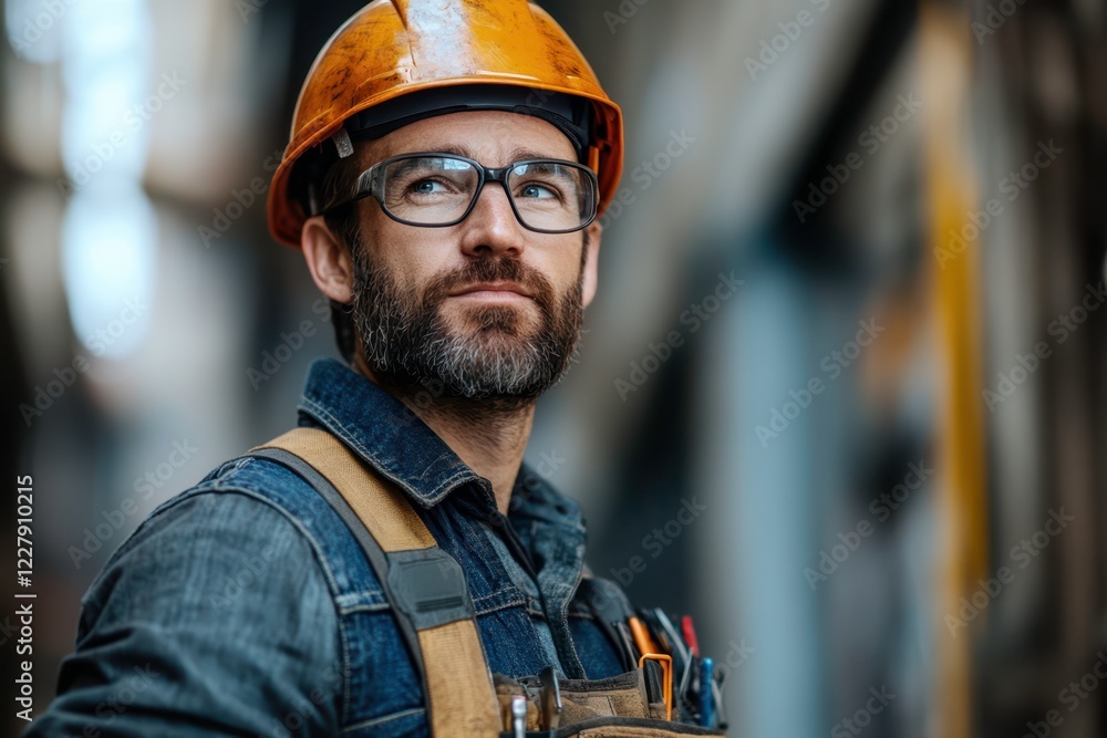 A construction worker with a beard and glasses looks confidently into the distance. He wears a worn orange hard hat, denim overalls, and a tool vest, standing in an industrial setting with a determine A construction worker with a beard and glasses looks confidently into the distance. He wears a worn orange hard hat, denim overalls, and a tool vest, standing in an industrial setting with a determine