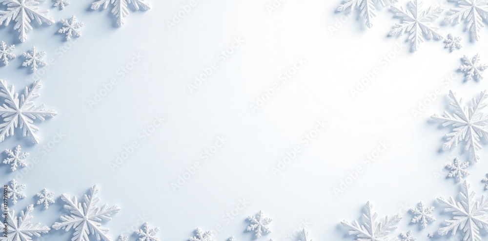 Fototapeta premium Delicate snowflake border on white background, winter wonderland, snowflakes