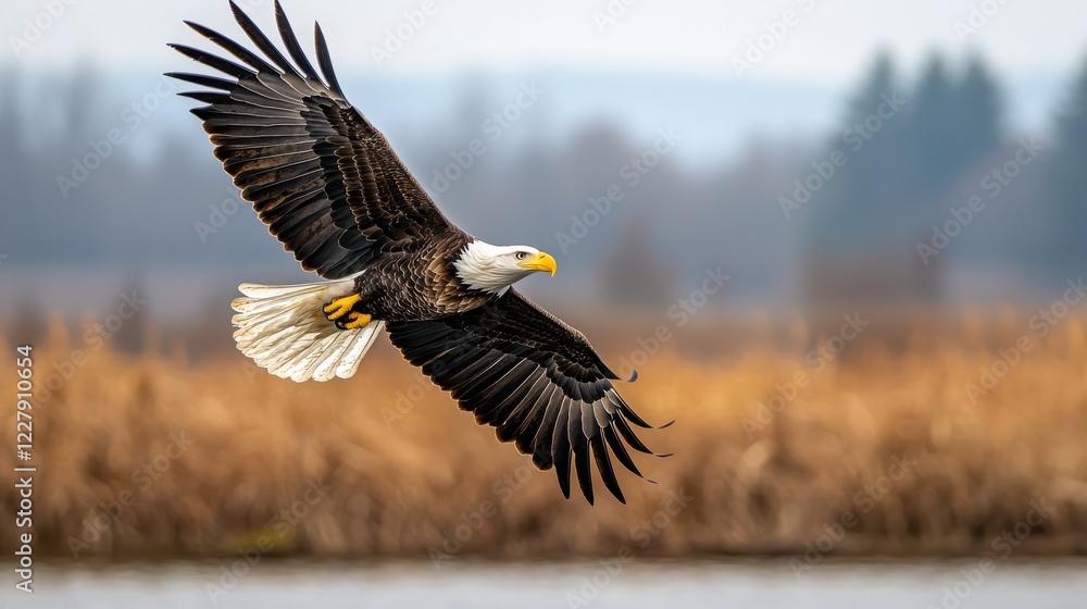 Majestic Bald Eagle Soaring Over National Park Landscape Majestic Bald Eagle Soaring Over National Park Landscape