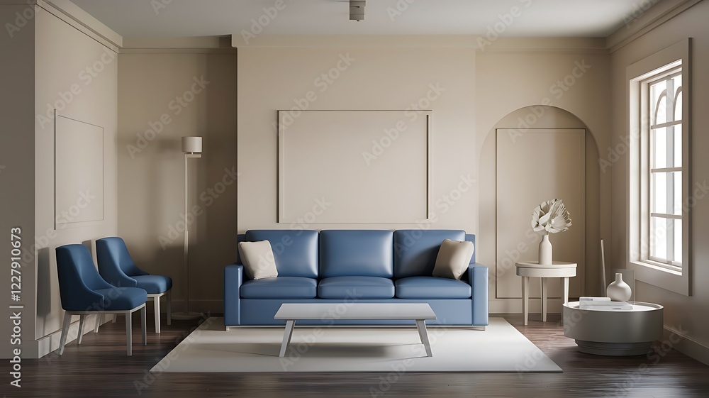 Fototapeta premium Interior of living room with blue sofa 3d rendering. home design