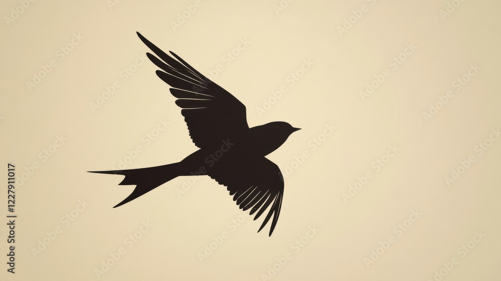 Obraz premium Silhouette of a bird flying against a soft, neutral background during a tranquil time of day. Generative AI