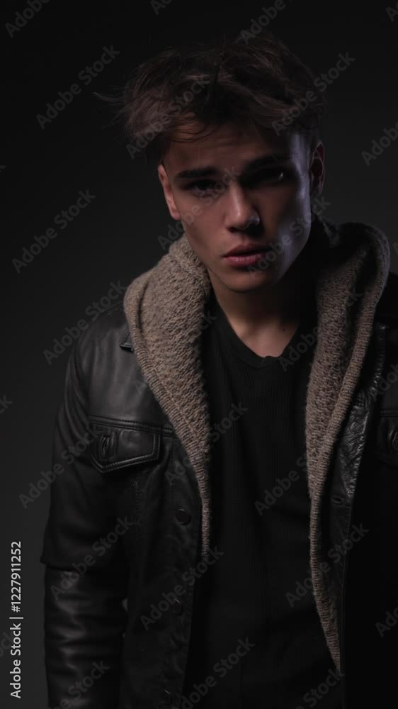 vertical video of sensual young guy in black leather jacket with knitted cardigan holding hands in pockets, touching chin and thinking, looking to side and rubbing palms vertical video of sensual young guy in black leather jacket with knitted cardigan holding hands in pockets, touching chin and thinking, looking to side and rubbing palms