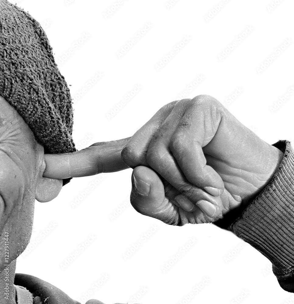 Fototapeta premium man suffering from deafness and hearing loss on grey background with people stock photo