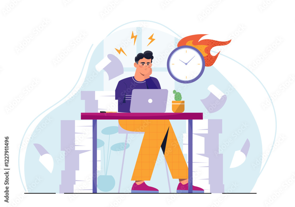 Person working at a desk with laptop, surrounded by papers, with a burning clock symbolizing urgency, on a light background. Concept of stress and deadlines. Vector illustration Person working at a desk with laptop, surrounded by papers, with a burning clock symbolizing urgency, on a light background. Concept of stress and deadlines. Vector illustration