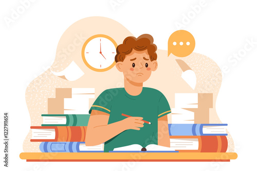 A worried student holding a pencil, surrounded by books and papers, with a clock in the background. Illustration on a white backdrop, concept of studying. Vector illustration