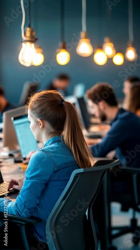 Young woman working on a laptop in a modern office environment with colleagues in the background. Bussines concept