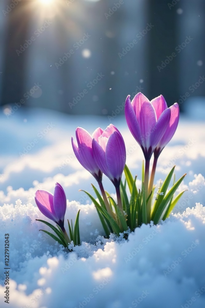 Naklejka premium Snow-covered ground with emerging purple flowers, floral photography, snowfall, botanical