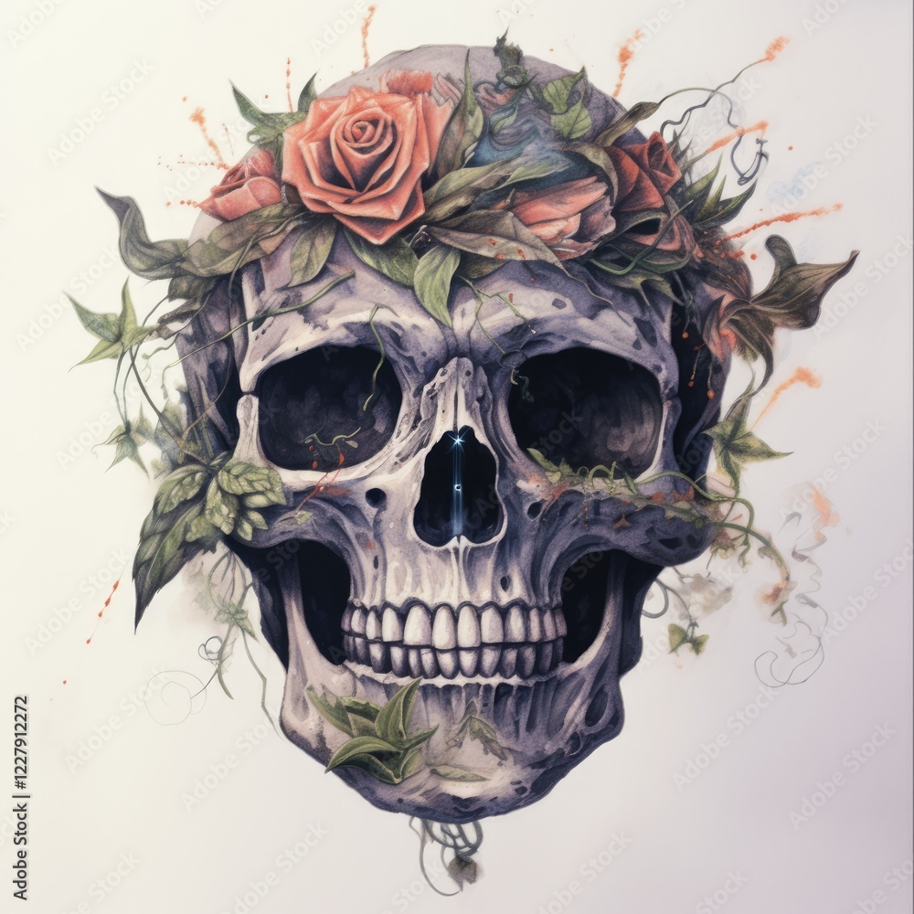 Fototapeta premium Grinning Smoking Skull Tattoo with Cigar and Cannabis Smoke