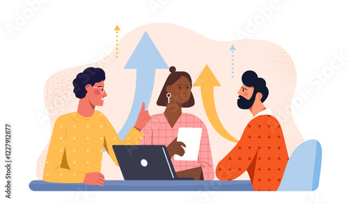 Illustrated team discussing ideas at a table with a laptop, arrows symbolizing growth in the background, representing teamwork and brainstorming. Vector illustration