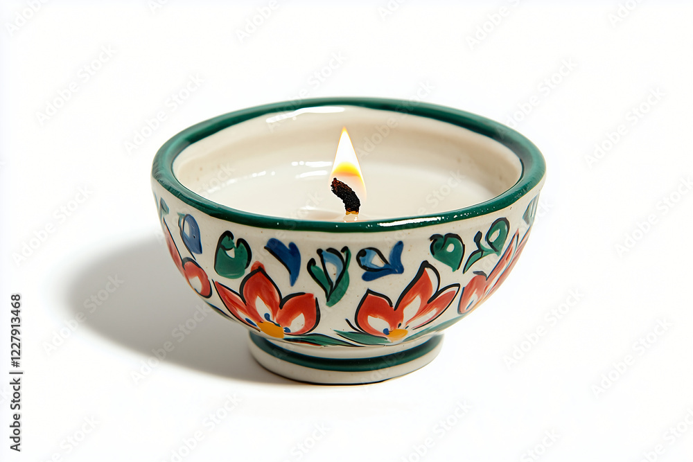 Hand-painted Candle Bowl: A small, hand-painted ceramic bowl candle with vibrant floral motifs and a warm, flickering flame. The bowl features a charming, rustic design. Hand-painted Candle Bowl: A small, hand-painted ceramic bowl candle with vibrant floral motifs and a warm, flickering flame. The bowl features a charming, rustic design.