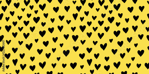 Hand drawn seamless black and yellow doodle pattern with hearts. A playful, modern design, perfect for Valentines Day, textiles, packaging, wallpapers, and more. Vector illustration in bold colors.