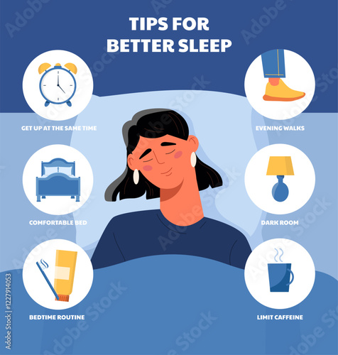 Woman sleeping peacefully in bed surrounded by tips for better sleep, including icons for routine and environment, on a blue background. Wellness concept. Vector illustration