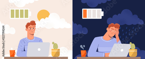 Illustration showing a man at a desk with a laptop, first energized in daytime, then fatigued at night, symbolizing energy levels and mood changes. Vector illustration