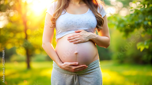 Pregnant woman holding her belly in the park. Pregnancy concept, closeup. Generative AI