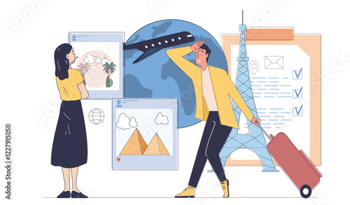 Illustration showing a man with luggage and a woman observing travel images, set against a globe, Eiffel Tower, and checklist background. Concept of travel planning. Vector illustration