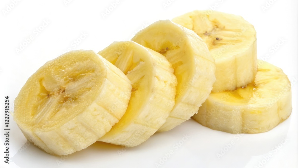 Close-up shot of individual yellow banana pieces against a white background, snack, close-up, fresh fruit, single piece fruit Close-up shot of individual yellow banana pieces against a white background, snack, close-up, fresh fruit, single piece fruit